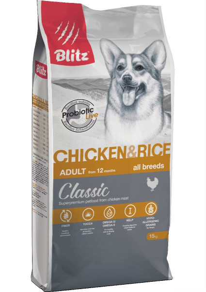 Сухой корм для собак Blitz Classic Adult Dog All Breeds (курица, рис) 15 кг - фото 1 - id-p193463858