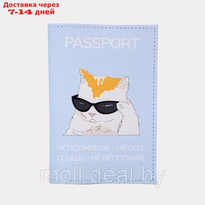 Обложка для паспорта 9,5*0,3*13,5 см, нат кожа, "Кот исполнитель", голубой - фото 1 - id-p193449949