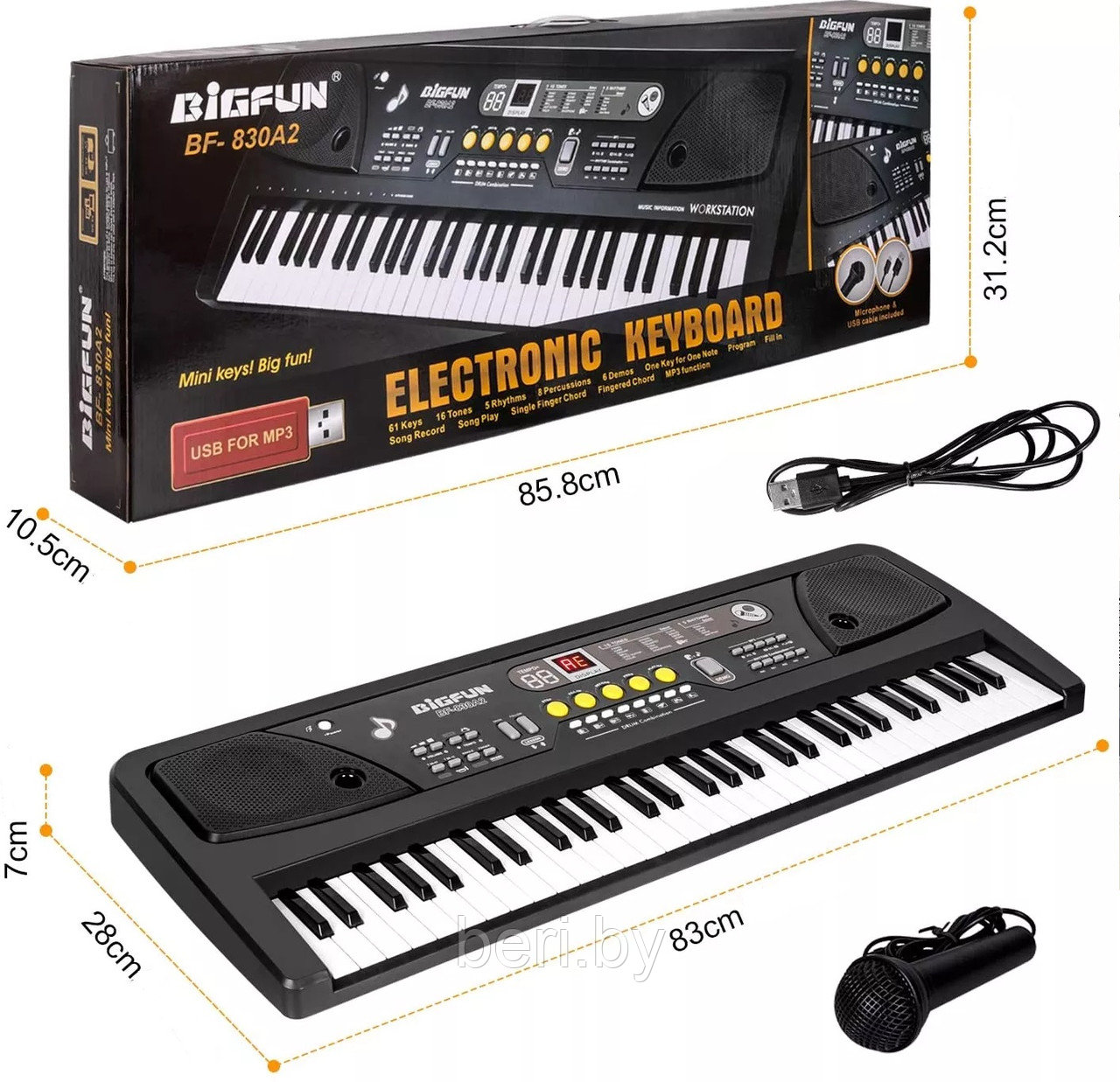 BF-830A2 Детский синтезатор Bigfun, пианино, микрофон, USB, MP3, запись, 61 клавиша - фото 7 - id-p193214578