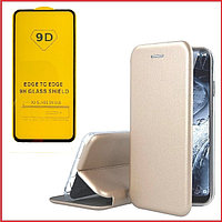 Чехол-книга + защитное стекло 9d для Huawei P20 Lite (золотой) ANE-LX1