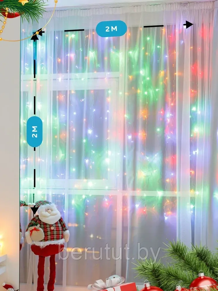 Гирлянда штора светодиодная новогодняя на окно (RGB, разноцветная) 2 х 2 м / 8 режимов свечения - фото 5 - id-p193646013