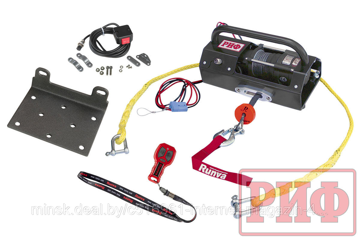 Лебёдка для ATV переносная автомобильная РИФ 2500ASR c малой площадкой и проводами (в сборе) синтетический - фото 1 - id-p193651891