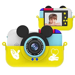 Детский фотоаппарат Микки Маус с селфи камерой, с ударопрочным чехлом. Желтый