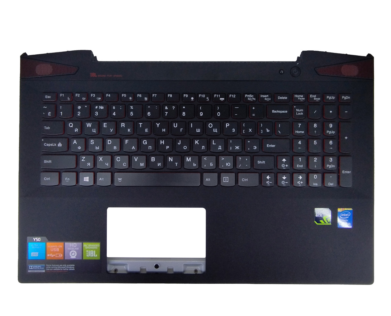 Верхняя часть корпуса (Palmrest) Lenovo Y50-70 с клавиатурой, с подсветкой, черный, RU