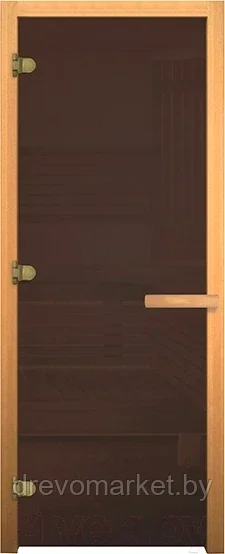 Дверь стеклянная для бань и саун Везувий, коробка Осина 80*190, стекло бронза Матовая 8 мм, 3 петли