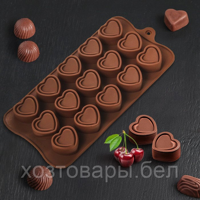 Форма для льда и кондирских украшений 15 ячеек 22х10,5х1,7 см (2,2х2,8 см) "Сердце" цвет шоколадный