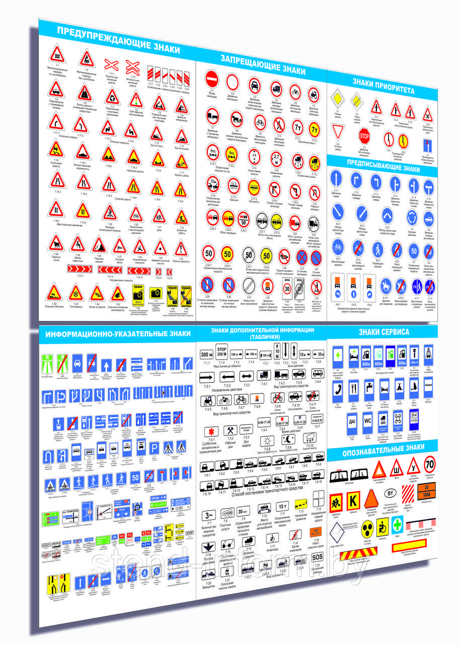 Комплект стендов по ПДД "ЗНАКИ ПДД", БЕЗОПАСНОСТЬ ДВИЖЕНИЯ АВТОМОБИЛЯ Р-Р 60*85 см, 6 шт на ПВХ 3 мм - фото 1 - id-p193890150