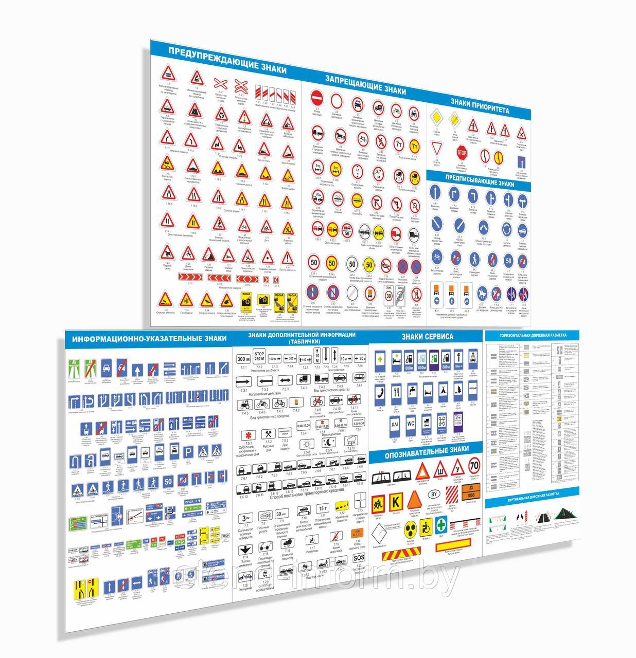 Комплект стендов по ПДД "ЗНАКИ ПДД", БЕЗОПАСНОСТЬ ДВИЖЕНИЯ АВТОМОБИЛЯ Р-Р 55*75 см, 7 шт на ПВХ 3 мм - фото 1 - id-p193895201