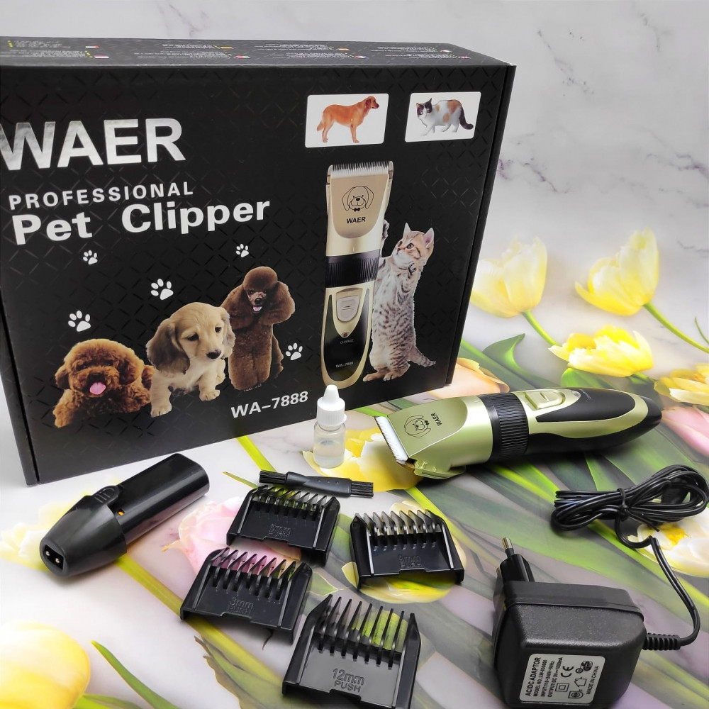 Профессиональная машинка для стрижки собак и кошек Waer professional pet clipper WA-7888 (4 насадки) - фото 1 - id-p193896230