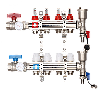 Коллектор регулируемый с расходомерами из лануни - 2 шаровых крана с термометром - 2 воздухоотводчика - 2