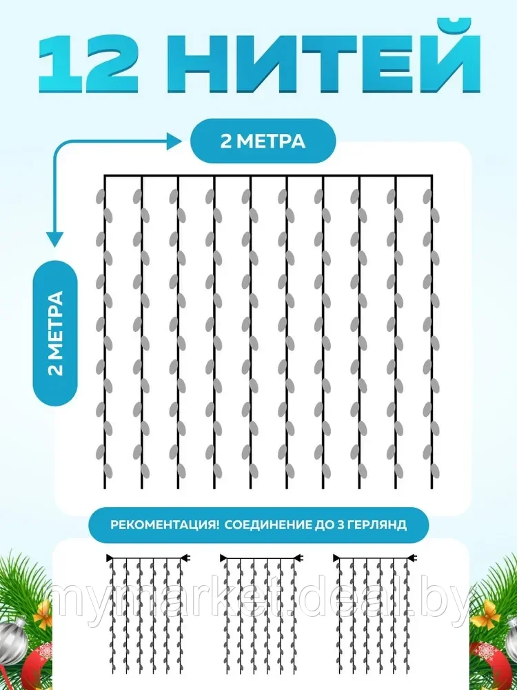 Новогодняя гирлянда штора "Дождик" (RGB, разноцветная) 2 х 2 м - фото 4 - id-p193930325