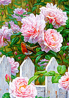 Алмазная мозаика на подрамнике 40х50 см. Садовые розы и птичка