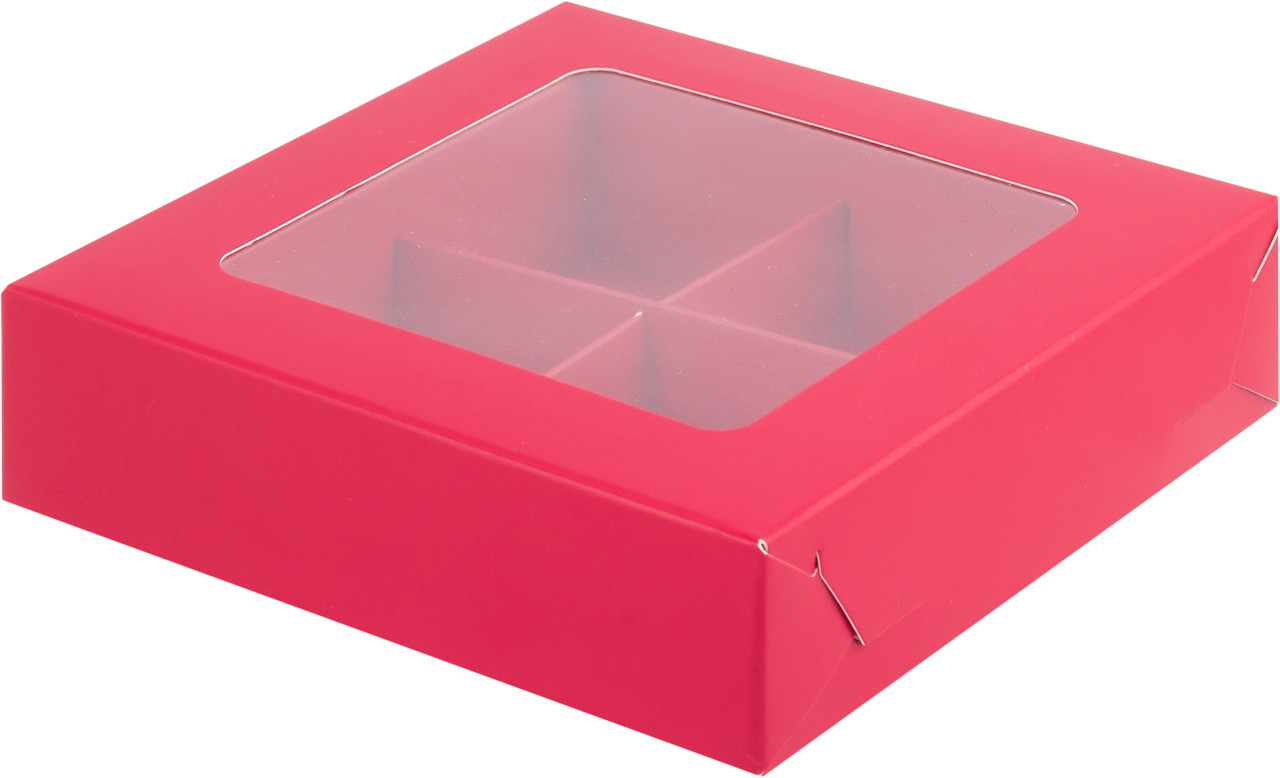 Коробка для 4 конфет с вклееным окном Красная, 120х120х h30 мм - фото 1 - id-p120109950