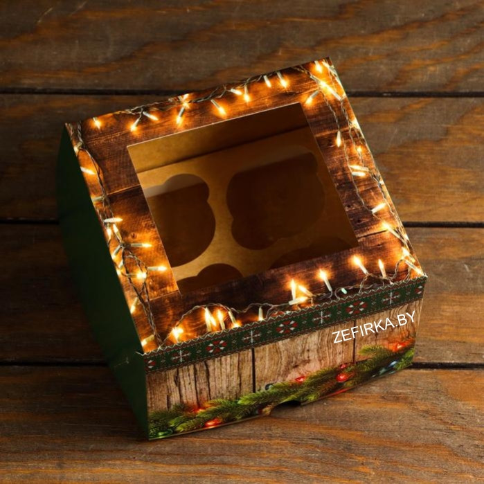 Упаковка на 4 капкейков с окном "Счастливого Нового Года"