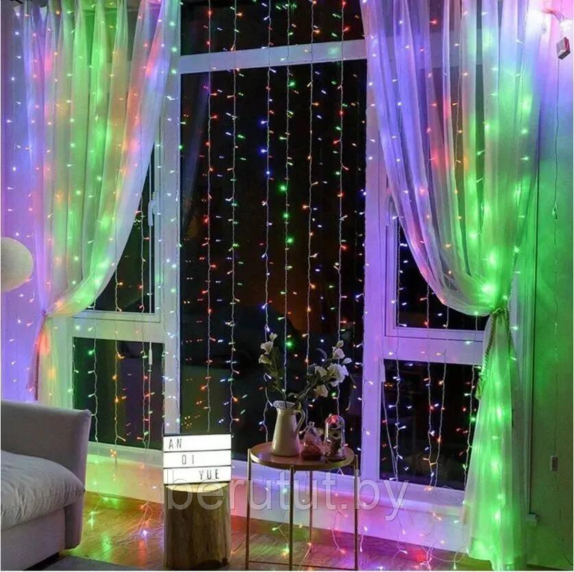 Гирлянда штора светодиодная новогодняя на окно (RGB, разноцветная) 3 х 3 м / 8 режимов свечения - фото 2 - id-p193993340