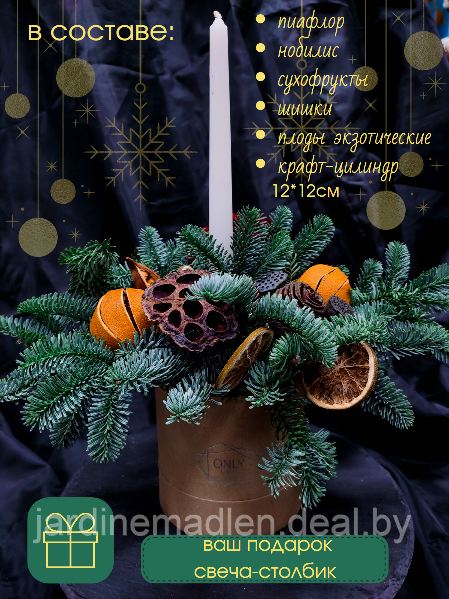 Новогодняя композиция в цилиндре "Крафт". Пихта nobilis, сухоцветы, экзотические плоды и шишки - фото 2 - id-p193806965