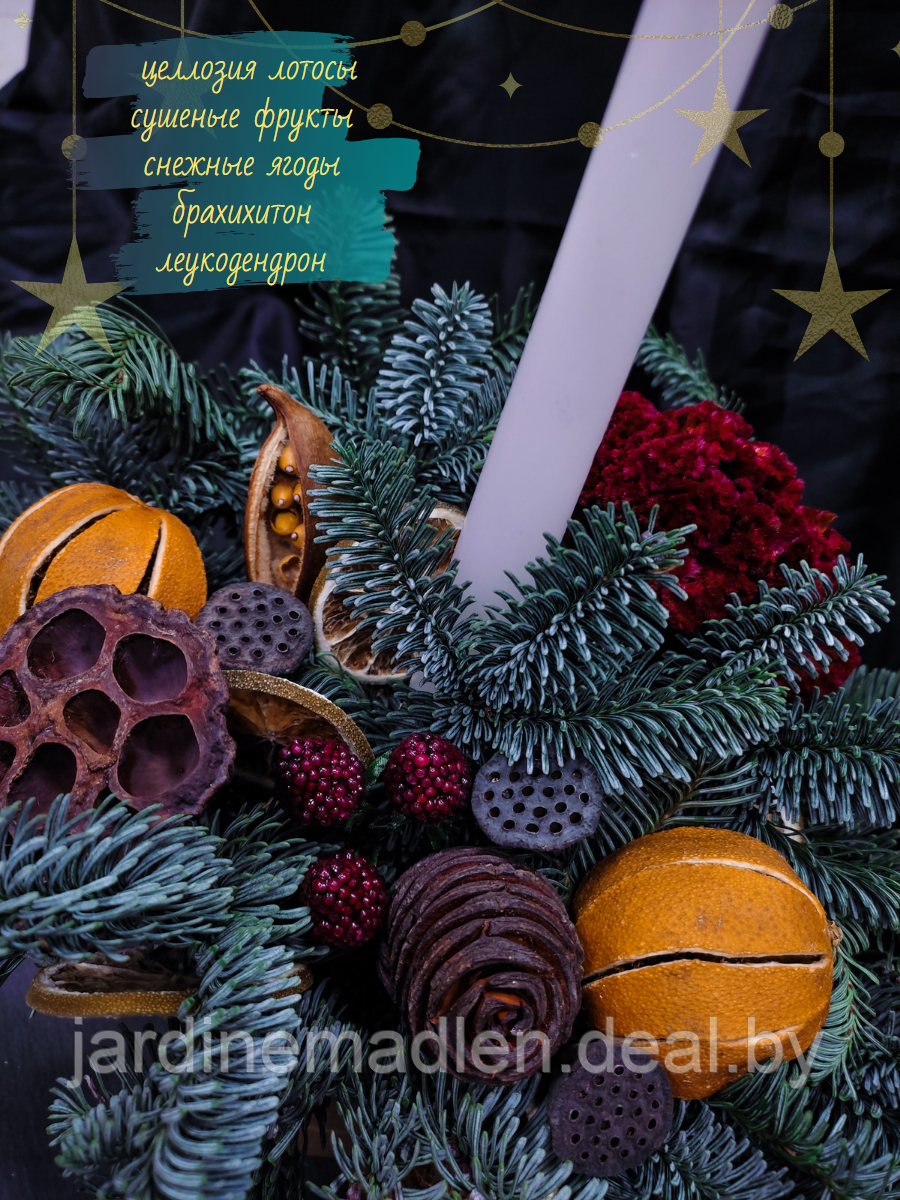 Новогодняя композиция в цилиндре "Крафт". Пихта nobilis, сухоцветы, экзотические плоды и шишки - фото 4 - id-p193806965
