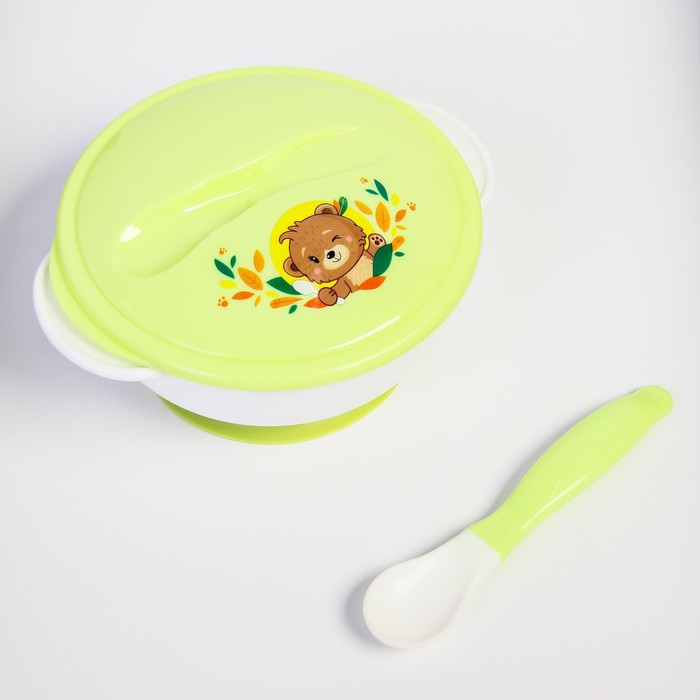 Набор детской посуды «Друзья», 3 предмета: тарелка на присоске, крышка, ложка, цвет зелёный - фото 3 - id-p194004051