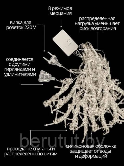 Гирлянда штора светодиодная новогодняя на окно, желтая 2 х 2 м / 8 режимов свечения - фото 5 - id-p194017531