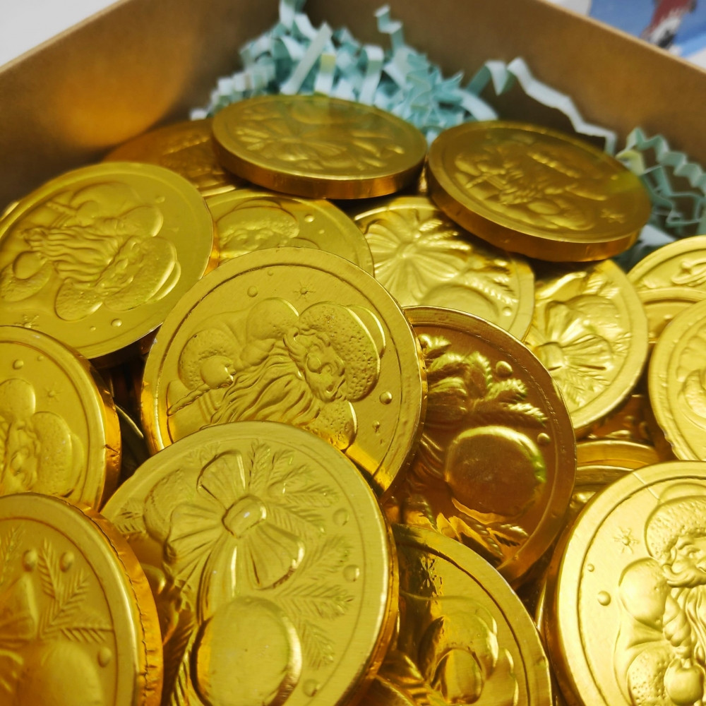 Золотые шоколадные монеты Новогодние, набор 20 монеток (Россия) - фото 4 - id-p193699282