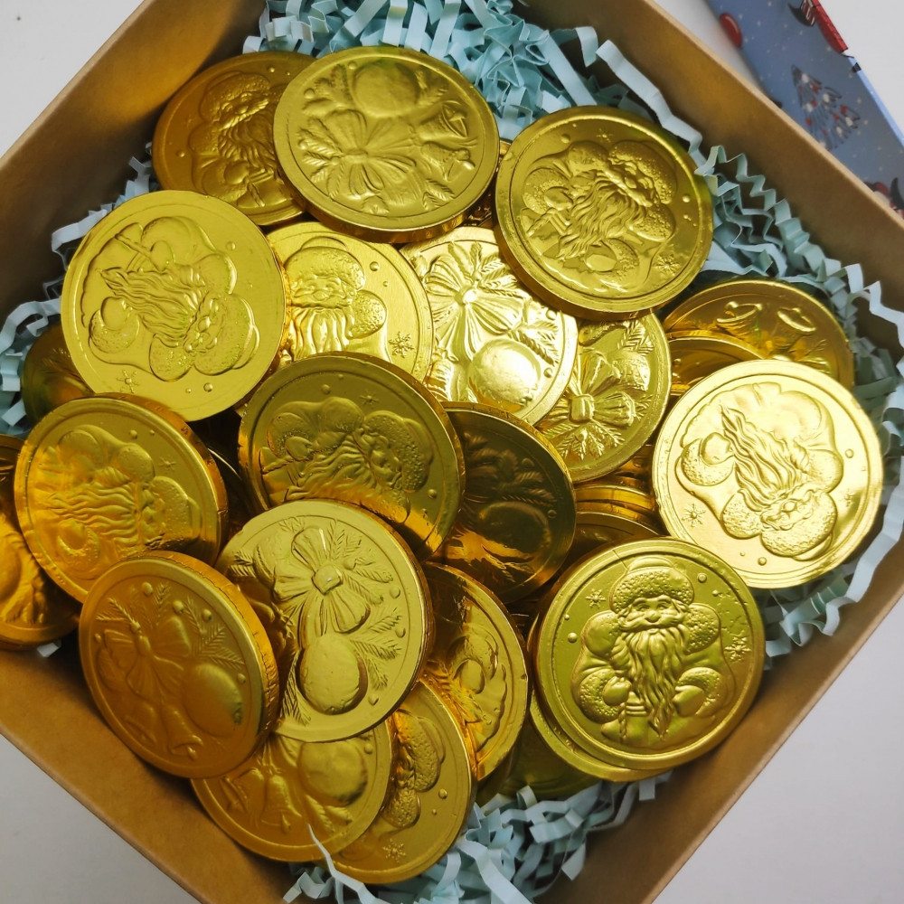Золотые шоколадные монеты Новогодние, набор 20 монеток (Россия) - фото 6 - id-p193699282