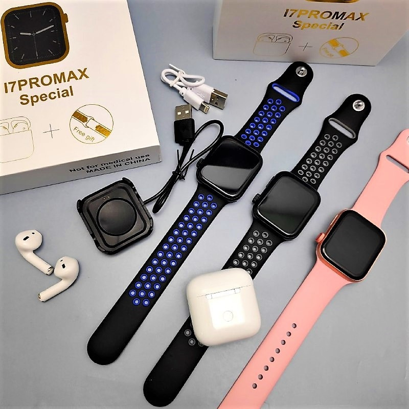 Набор Умные часы I7PROMAX Special Watch Series 8 2022+наушники (зарядный кейс,2 браслета) Розовые/Черные/Синие