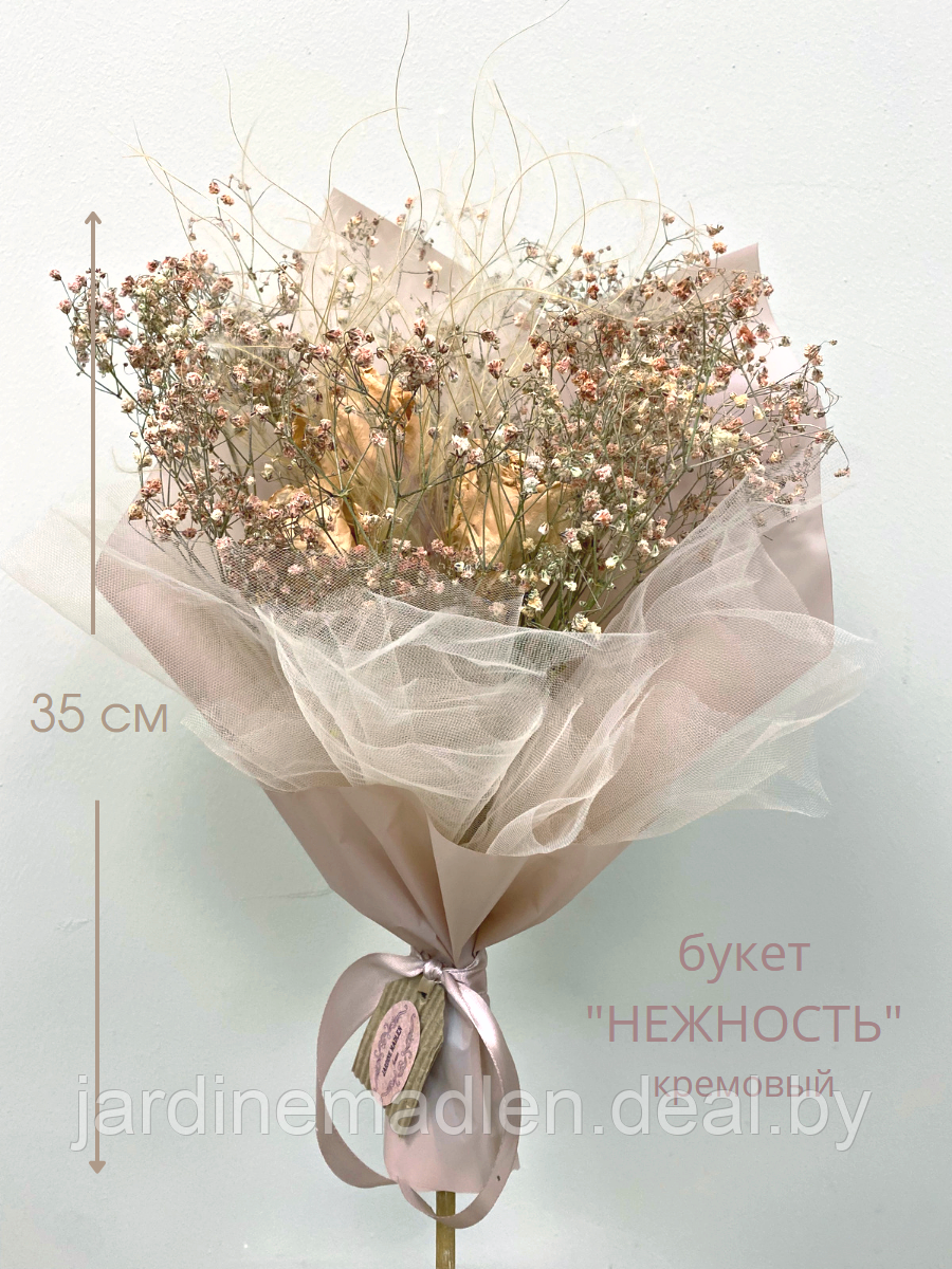 Букет сухоцветов «Нежность» кремовый. Роза, стипа, гипсофила - фото 1 - id-p194081981