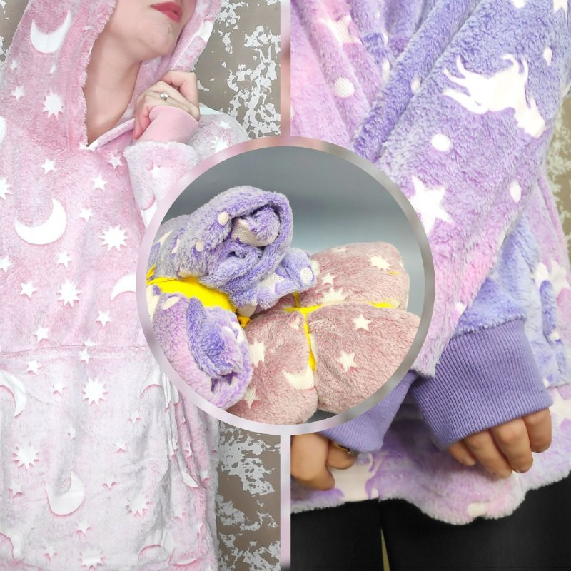 Толстовка-плед Starry Night с капюшоном утепленная для взрослых, светящаяся в темноте, оверсайз Сиреневый - фото 3 - id-p194088282
