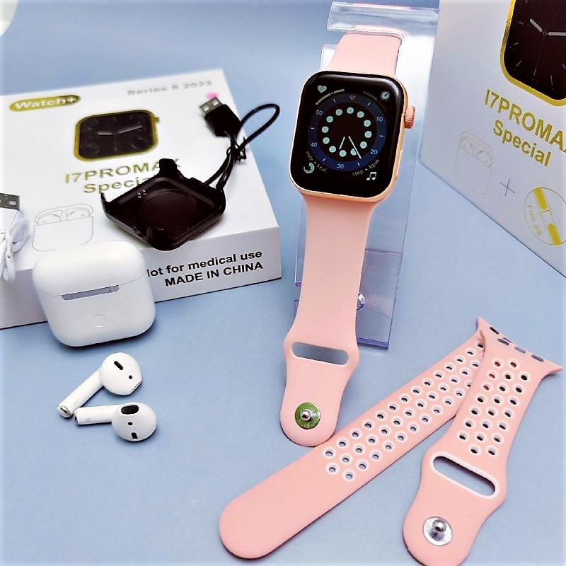 Набор Умные часы I7PROMAX Special Watch Series 8 2022 наушники (зарядный кейс, силиконовые браслеты) Розовые - фото 2 - id-p193904400