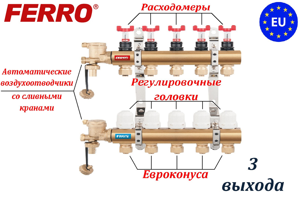 Коллектор на 3 выхода для теплого пола FERRO (N-RZP) - фото 1 - id-p150399126