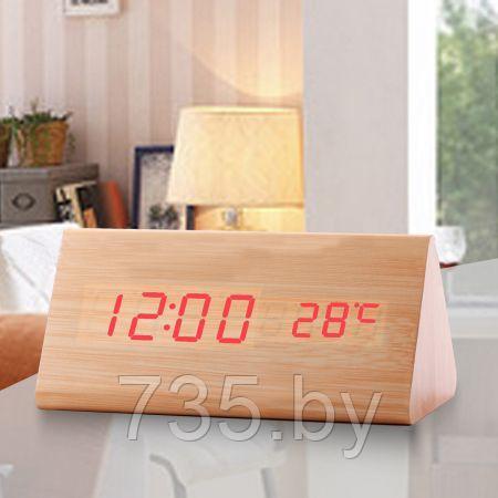 Часы-будильник "Пирамида" 15 см с термометром светлый бамбук красные цифры зв. активация