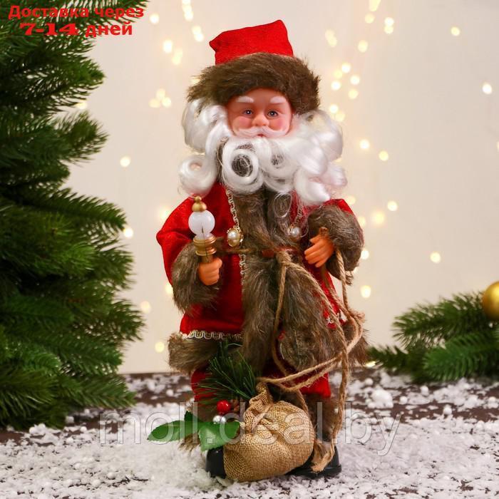 Дед Мороз "В кафтане с пуговицами и с мешком" 30 см, двигается, красно-коричневый - фото 1 - id-p194193330
