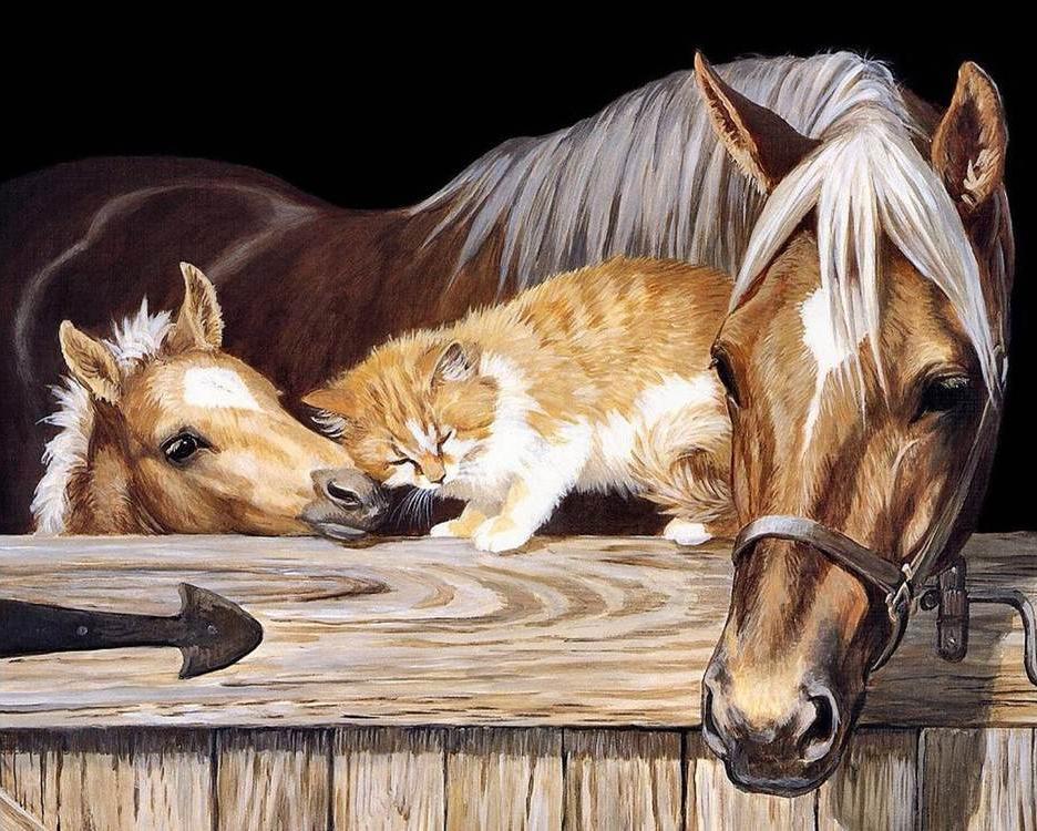 Картина стразами "Котенок и лошади" - фото 1 - id-p194262892