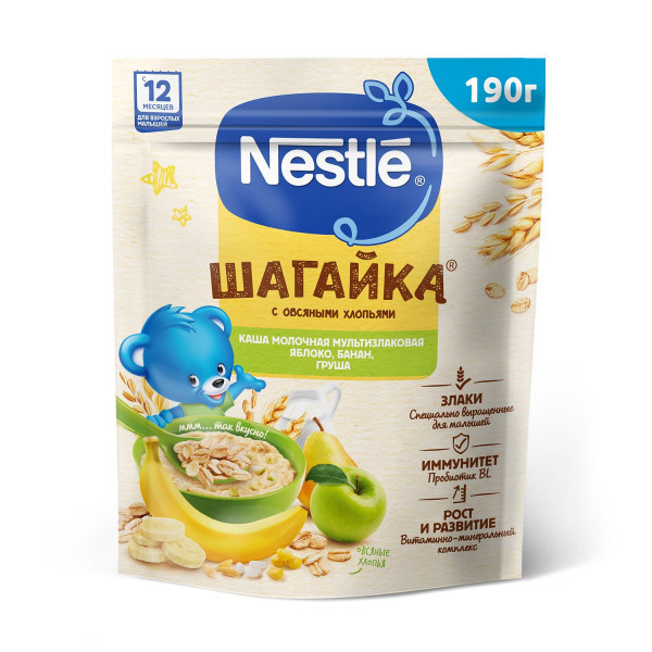 Каша Nestle шагайка 5 злаков яблоко банан груша молочная дой-пак 190г - фото 1 - id-p190225517