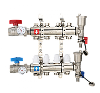 Коллектор регулируемый с запорными клапанами из лануни - 2 шаровых крана с термометром - 2 воздухоотводчика -