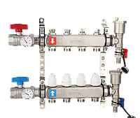 Коллектор регулируемый с запорными клапанами из нержавеющей стали - 2 шаровых крана с термометром - 2