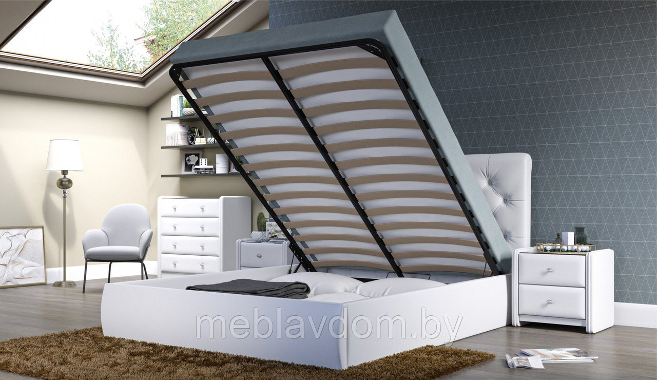 Мягкая кровать Беатриче с подъемным механизмом 140х200 кожзам Teos White - фото 3 - id-p194495376