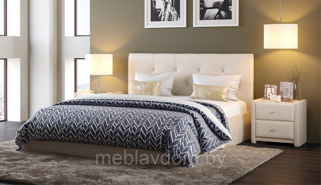 Мягкая кровать Женева с пуговицами 180х200 с подъемным механизмом Teos milk - фото 1 - id-p194495501
