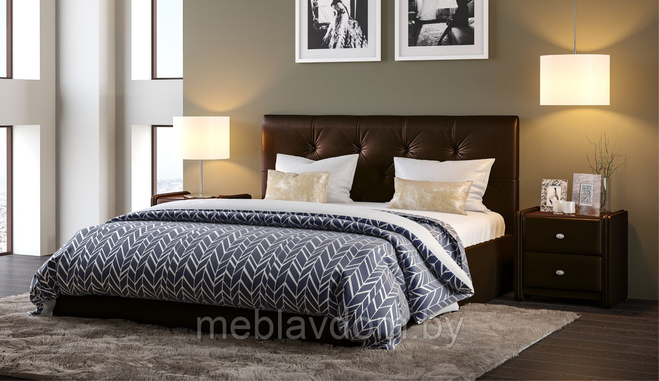 Мягкая кровать Женева 140 Dark brown с пуговицами с подъемным механизмом - фото 1 - id-p194495504
