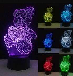 3 D Creative Desk Lamp (Настольная лампа голограмма 3Д, ночник) Мишка сердце, фото 1