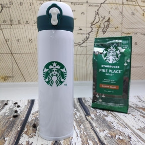 Термокружка Starbucks 450мл (Качество А) Белый с зеленым логотипом и крышкой, фото 1