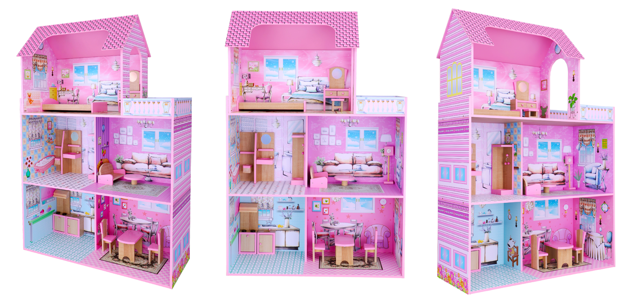 Кукольный домик деревянный для кукол DOLL HOUSE с мебелью, 3 этажа, 5 комнат, арт. B742