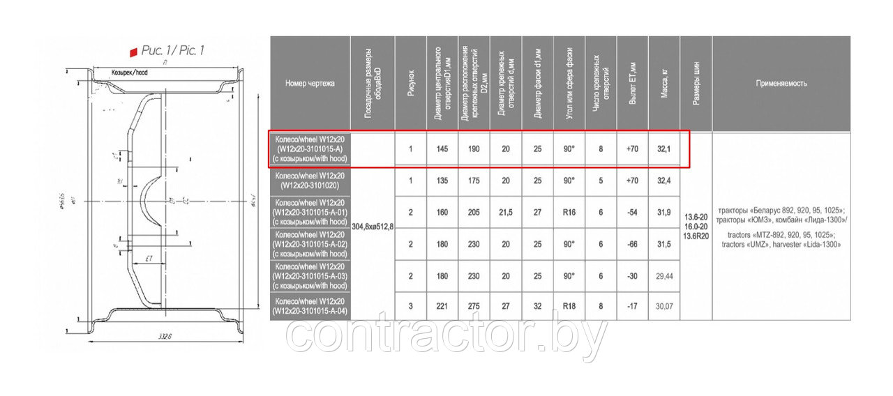 Диск колеса передний 8 отверстий W12х20-3101015-A, Беларусь