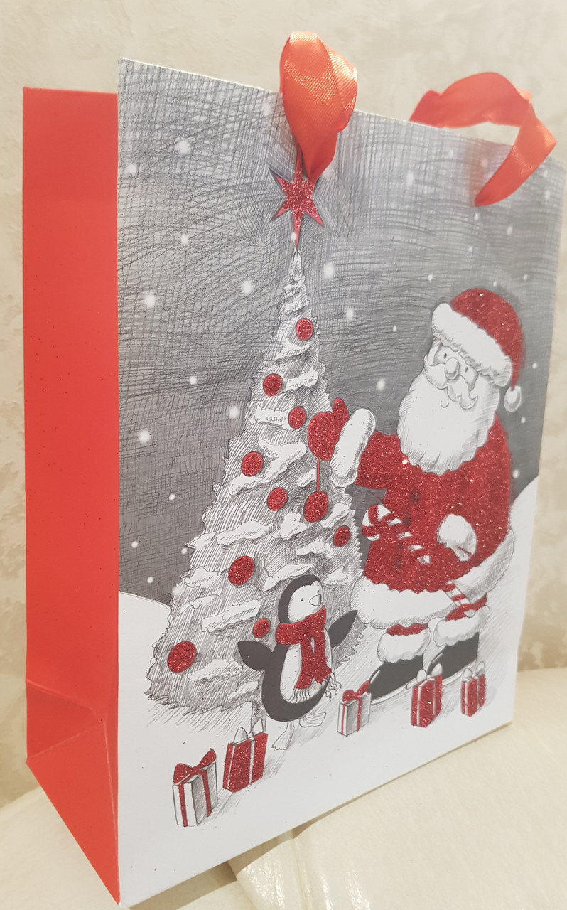 Новогодние пакеты НГ бумажные "Дед Мороз"    19.5 х 8 х 23.5 см. с глистером.