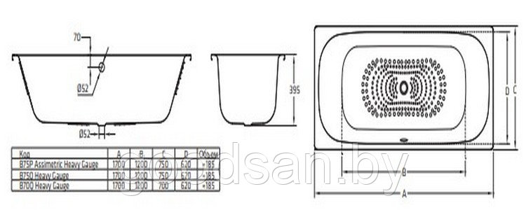 Стальная ванна UNIVERSAL DUO 3,5 170*75 с ножками (слив по центру, комплект шумоизоляции) - фото 2 - id-p194741513