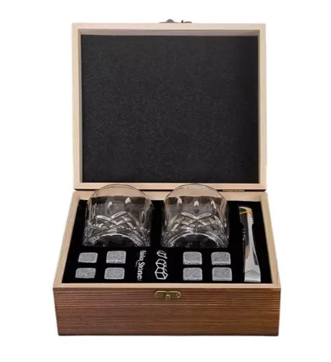 Подарочный набор 2 стакана, 8 охлаждающих камней, щипцы в деревянной шкатулке Amiro Bar Set ABS-202W - фото 1 - id-p194819921