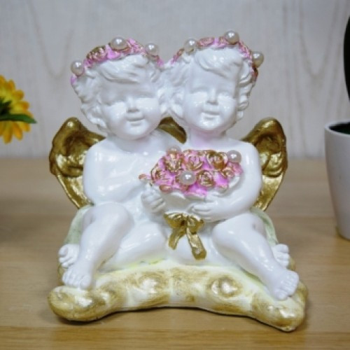 Статуэтка ангел малый пара с букетом белый/цветной 14 см арт. ДС-1005 - фото 1 - id-p195031002