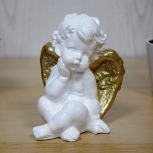 Статуэтка ангел средний задумчивый белый/золото 17 см арт. ДС-1009 - фото 1 - id-p195031015