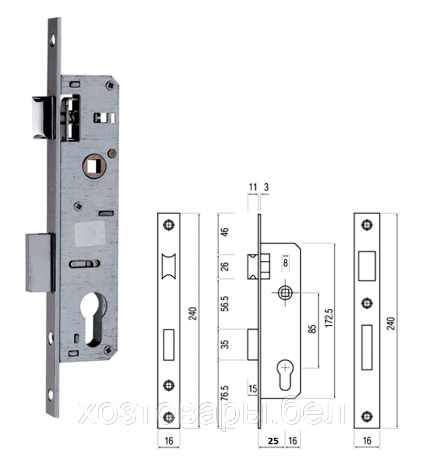 Замок 85-25/16мм с фалевой защелка, WinDoorPro - фото 3 - id-p195028360