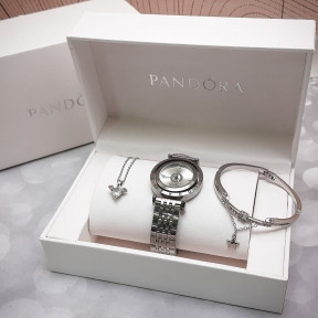 Комплект Pandora (Часы, кулон, браслет) Серебро с белым циферблатом, фото 1